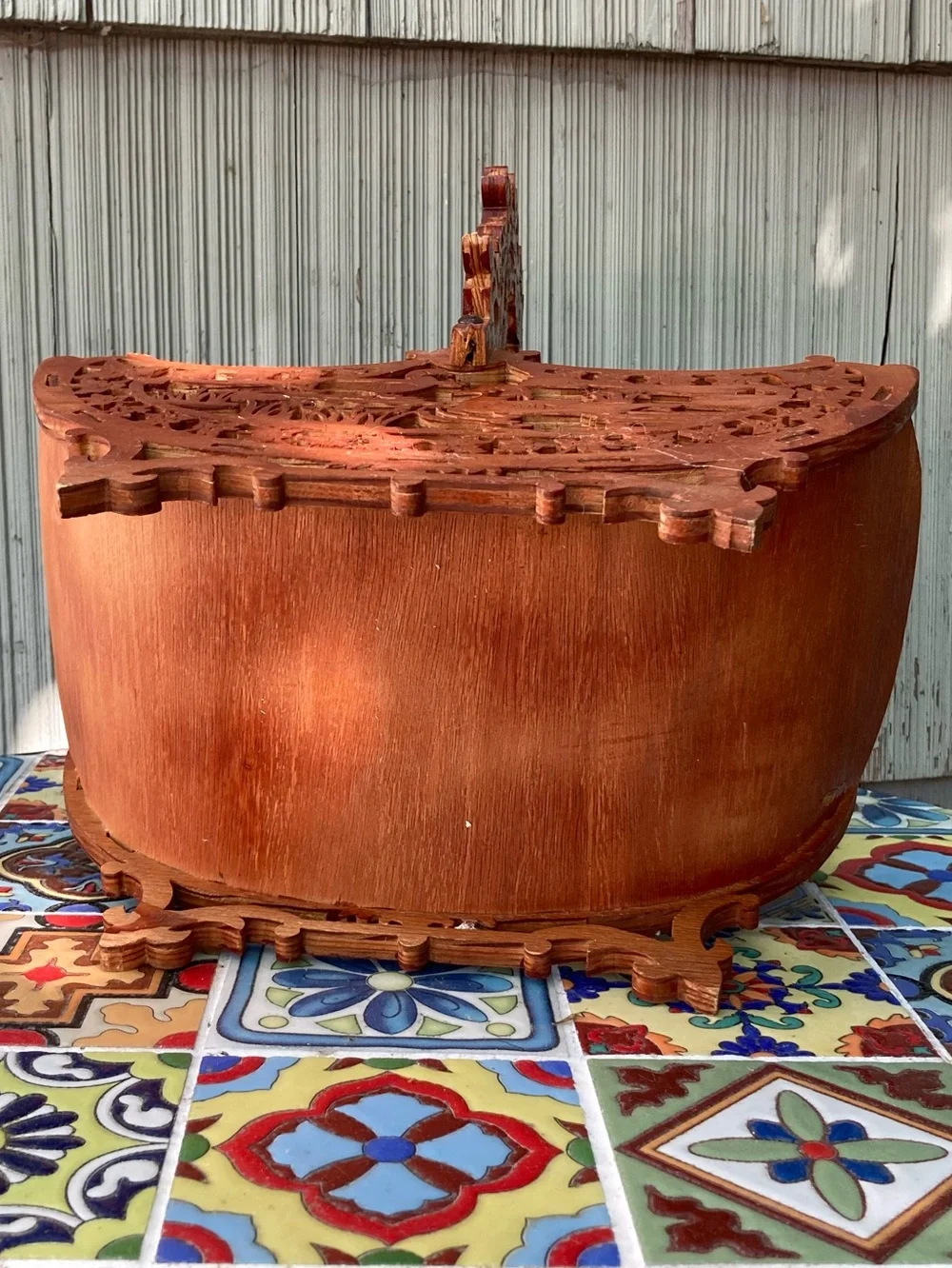 Vintage Hand Carved Ornate Wooden Cradle/Basket Ducks & Leaves/Heart Handle
